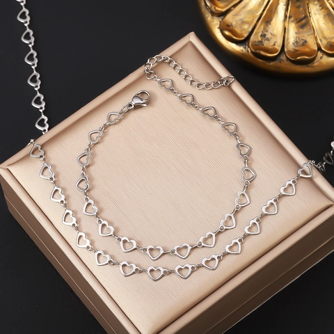 Stainless Steel Hollow Heart Necklace Bracelet Set For Women 18K Gold Plated Heart Link Chain Choker Versatile Jewelry