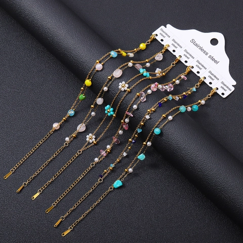 18K Gold Plated Stainless Steel Natural Stone Bracelet For Women Layered Chain Floral Heart Artificial Pearl Beaded Jewelry