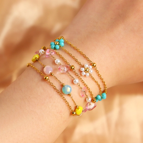 18K Gold Plated Stainless Steel Natural Stone Bracelet For Women Layered Chain Floral Heart Artificial Pearl Beaded Jewelry