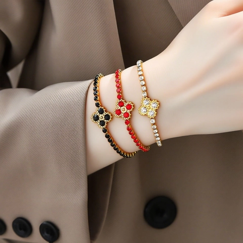 Fashion Stainless Steel 18K Gold Plated Four Leaf Clover Bracelet For Women Elegant Rhinestone Inlaid Flower Jewelry Gift