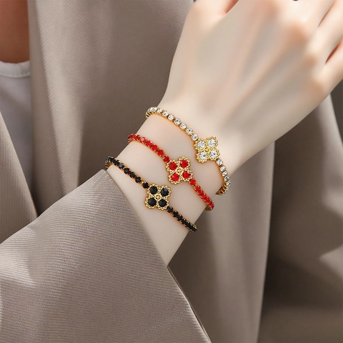 Fashion Stainless Steel 18K Gold Plated Four Leaf Clover Bracelet For Women Elegant Rhinestone Inlaid Flower Jewelry Gift