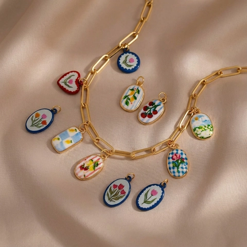 Vintage Copper Gold Plated Necklace Hand Painted Ceramic Look Flower Fruit Pendant Necklace French Pastoral Jewelry For Women