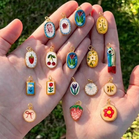 Vintage Copper Gold Plated Enamel Charms Pendant Necklace Colorful Flower Animal Fruit Heart Chain For Women DIY Jewelry