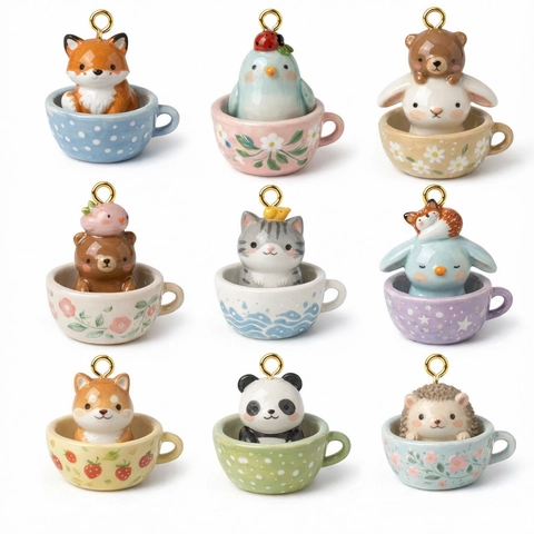 Cartoon Animal In Teacup Pendant Copper Necklace For Women Creative 3D Fox Panda Rabbit Penguin Hedgehog Jewelry Accessory Gift