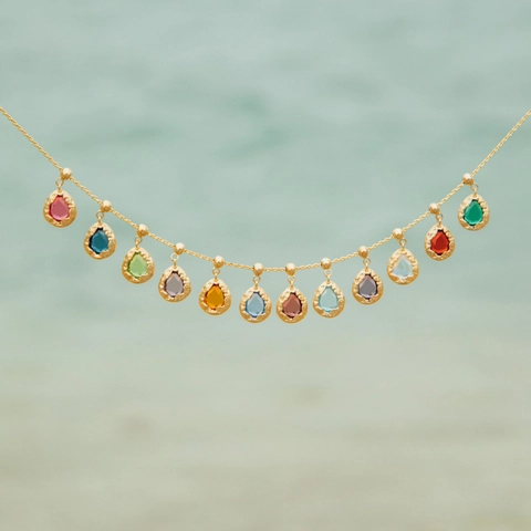 Collar con Colgante de Piedra del Mes de Nacimiento de Acero Inoxidable Chapado en Oro de Dieciocho Quilates Gota de Agua Signo del Zodiaco Letra Joyas