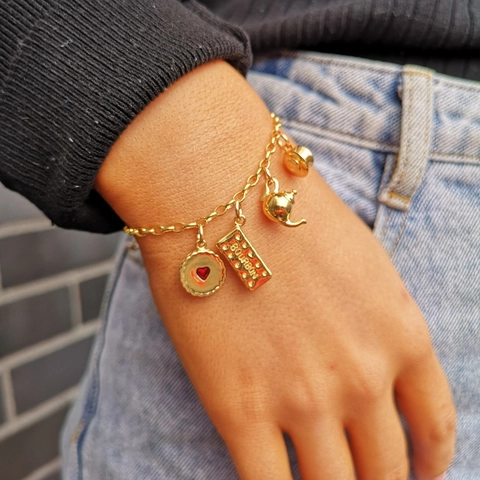 Collar con Colgante de Galleta Tetera y Corazón de Acero Inoxidable Chapado en Oro para Mujer Joyería de Moda