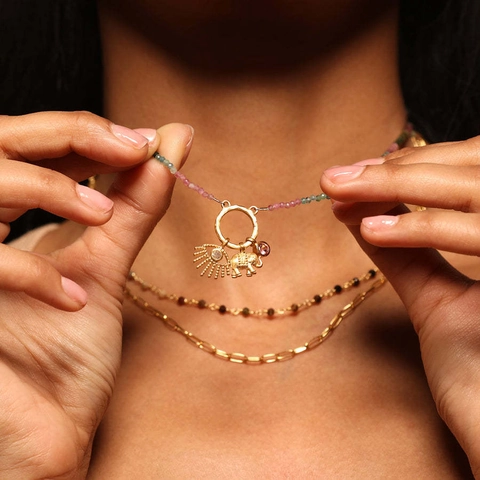 Pendant Necklace Stainless Steel 18K Gold Plated Elephant Heart Lotus Multi-Colored Beads Birthstone Jewelry For Women