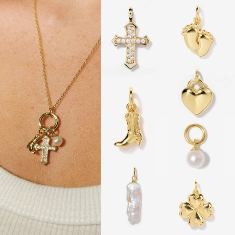 Colgantes DIY de Acero Inoxidable Chapado en Oro de 18K Cruz Corazón Bota de Vaquero Perla Natural Diamante de Imitación Cadenas para Mujer