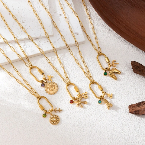 18K Vergoldeter Edelstahl Sternzeichen Anhänger Halskette Für Damen Herren Büroklammerkette Karabinerverschluss Zirkon Böser Blick Schmuck