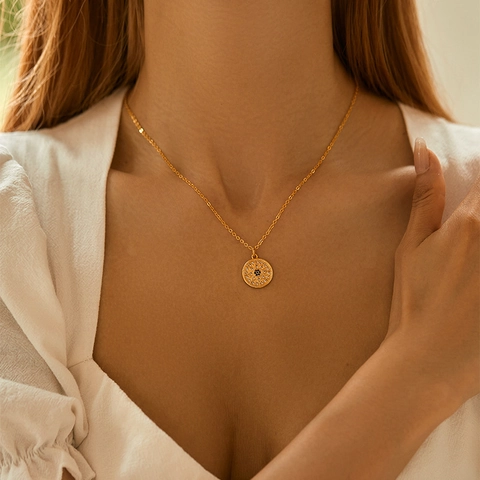 Vintage Gold Plated Copper Evil Eye Pendant Necklace For Women Bohemian Zirconia Enamel Sun Clavicle Chain Jewelry Gift