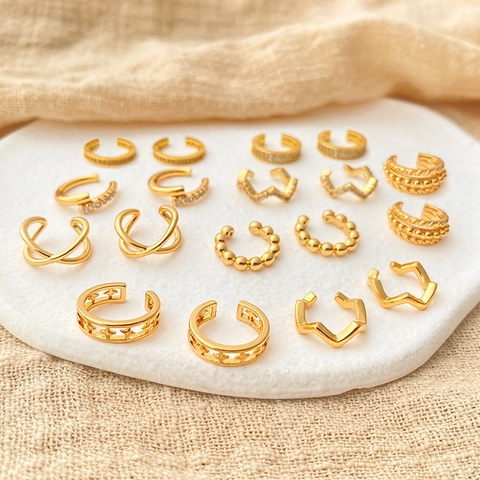 Brass 18K Gold Plated Zircon Ear Cuffs For Women Minimalist Geometric Non Piercing C Shape Wave Star Cross Jewelry