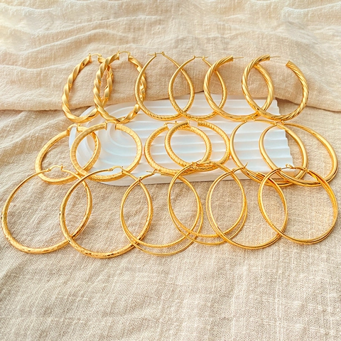 Vintage 18K Gold Plated Copper Hoop Earrings Minimalist Geometric Large Circle Twisted Texture Metal Earrings For Women Fashion Jewelry