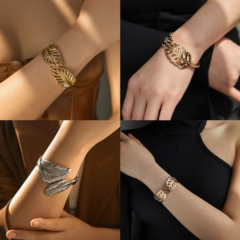 Fashion Alloy Leaf Feather Open Bangle For Women Rhinestone Artificial Pearl Inlaid Cuff Bracelet Elegant Party Jewelry