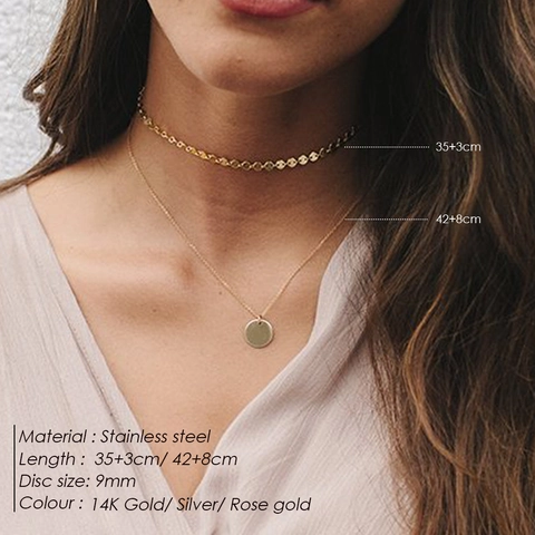 Minimalist Stainless Steel Double Layer Necklace For Women Gold Steel Sequin Chain Solid Round Pendant Choker Fashion Jewelry