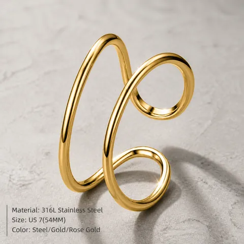Minimalist 316L Stainless Steel Double Layer Open Ring For Women PVD Gold Plated Geometric Adjustable Finger Ring Jewelry