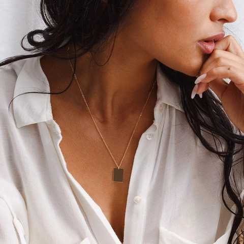 Minimalist Stainless Steel Rectangle Tag Pendant Necklace For Women Men Gold Plated Plain Bar Geometric Jewelry Gift