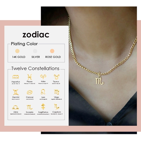 12 Zodiac Sign Pendant Necklace For Women Stainless Steel 14K Gold Plated Minimalist Constellation Amulet Choker Jewelry Gift