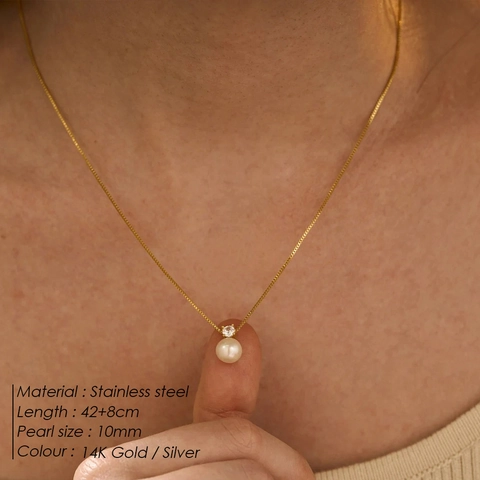 Minimalist Stainless Steel Imitation Artificial Pearl Zirconia Pendant Necklace For Women Elegant PVD Plated Gold Silver Jewelry Gift