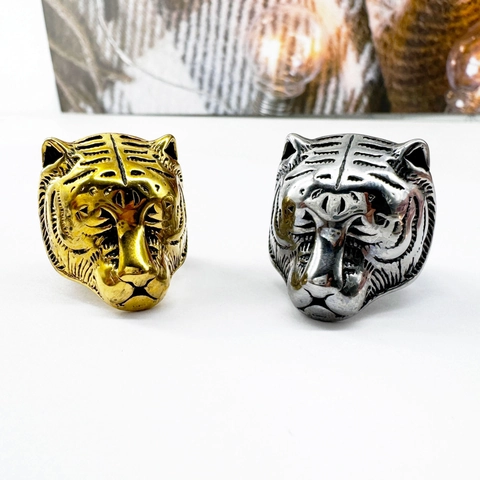 Men Vintage Stainless Steel Tiger Head Ring Retro Domineering 3D Carved Animal Punk Hip Hop Biker Finger Ring Jewelry Gift