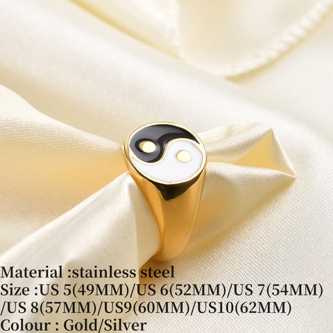 Vintage Stainless Steel Yin Yang Tai Chi Signet Ring For Men Women Gold Silver Plated Enamel Round Finger Ring Jewelry