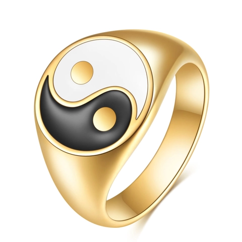 Vintage Stainless Steel Yin Yang Tai Chi Oval Signet Ring 18K Gold Plated Enamel Minimalist Jewelry For Women Men Everyday Jewelry