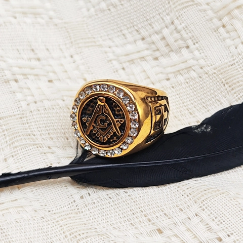 Vintage Masonic Stainless Steel Ring With Rhinestone Gold Plated Religious Cross Symbol Fraternal Jewelry For Men