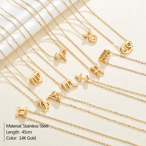Stainless Steel Zodiac Sign Pendant Necklace For Women Gold Plated Twelve Horoscopes Symbol Jewelry Minimalist Constellation Necklace