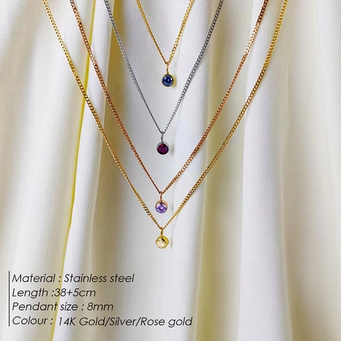 316 Stainless Steel Birthstone Necklace For Women Round Rhinestone Bezel Pendant Curb Chain Fashion Jewelry Birthday Gift