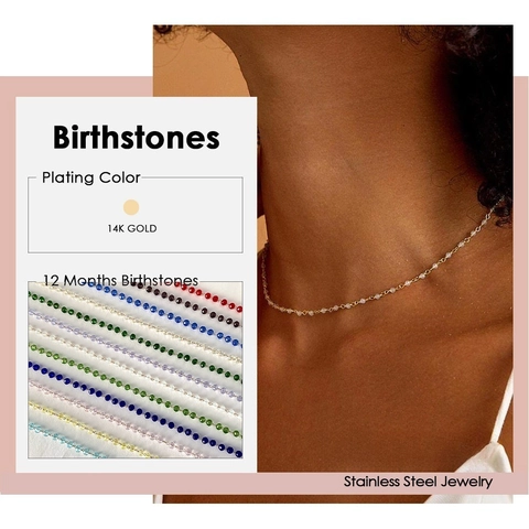 Minimalist Stainless Steel Crystal Birthstone Necklace 14K Gold Plated Faceted Beads Choker For Women Fashion Jewelry