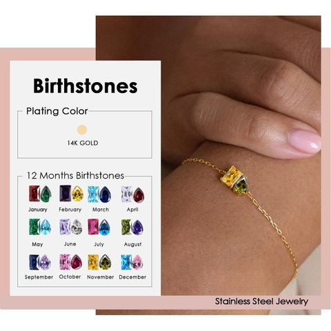 Minimalist Stainless Steel 14K Gold Plated Birthstone Bracelet For Women Water Drop Square Zirconia Fashion Jewelry Adjustable Link Bracelet Gift