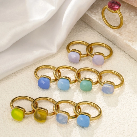 Geometric Square Rhinestone Stainless Steel Ring For Women Fashion Jewelry Elegant Colorful Gemstone Finger Ring Accessory