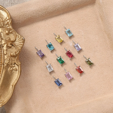 Stainless Steel Rectangle Colored Zircon Birthstone Pendant For DIY Jewelry Making Square Geometry Inlaid Gemstone Accessory