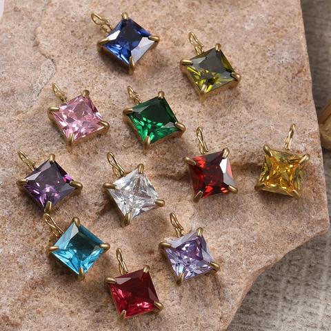 Pendente in Acciaio Inossidabile 316 Zirconia Quadrata DIY Charm Geometrico Taglio Princess Colorato per Creazione Gioielli
