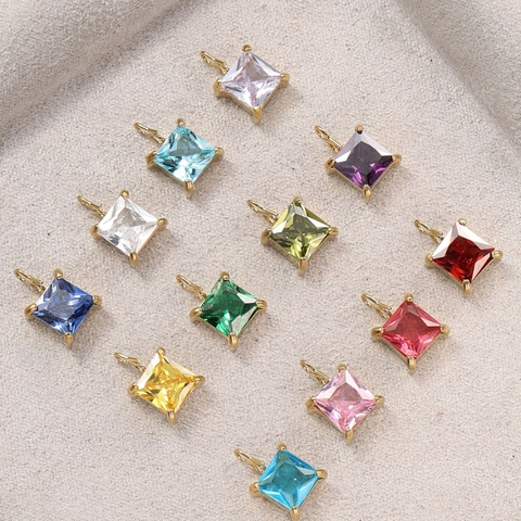 Roestvrijstalen Zirconia Hanger Geometrisch Vierkant Gekleurde Steen Ingelegde Charm Voor DIY Sieraden Maken Accessoire