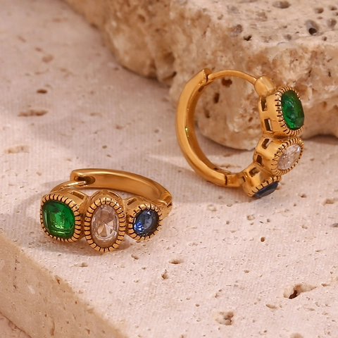 Vintage Stainless Steel 18K Gold Plated Huggie Hoop Earrings For Women Tricolor Rhinestone Minimalist Jewelry Gift
