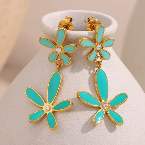 Boucles D'oreilles Puces Double Fleur Marguerite Acier Inoxydable Plaqué Or 18K Émail Zircon Bijoux Floraux Femmes Vert Menthe