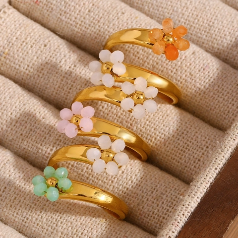Handmade Flower Open Ring Stainless Steel 18K Gold Plated Adjustable Beaded Floral Jewelry Gift For Women Chic