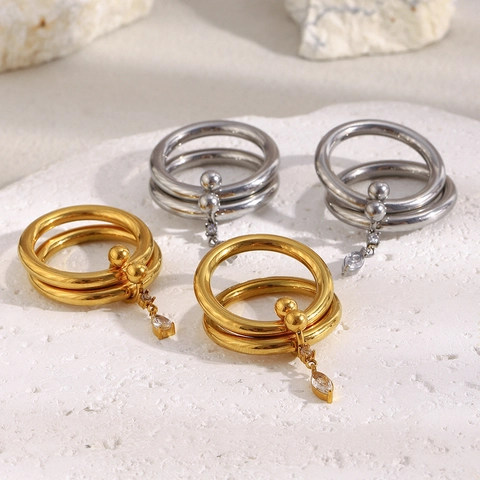 Anello Doppio Strato In Acciaio Inossidabile Placcato Oro 18K Con Pendente In Zircone Marquise Goccia Elegante Moderno Lucido