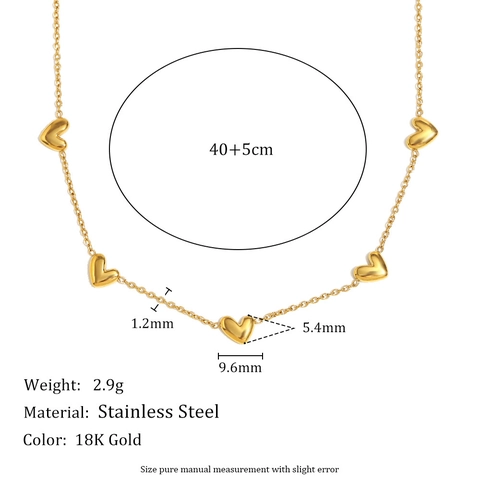18K Gold Plated Stainless Steel Five Solid Heart Pendant Necklace O-Chain Fashion Sweet Minimalist Women Jewelry Neck Ornament