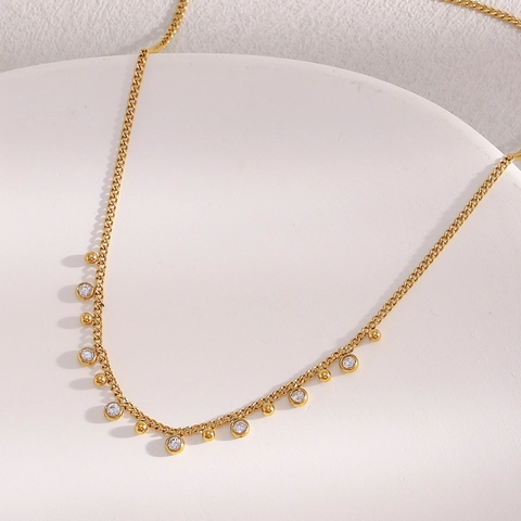 Stainless Steel Necklace 18K Gold Plated Water Drop Zircon Dainty Gold Beads Sideways Chain Jewelry For Women