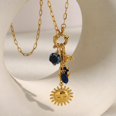 Vintage Zon Face En Bij Hanger Ketting 18K Verguld Roestvrij Staal Paperclip Ketting Blauwe Bloem Sieraden Voor Dames