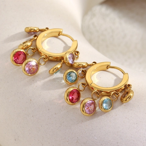 Bunte Zirkon Anhänger Huggie Creolen Vergoldeter Edelstahl Für Frauen Multi Runde Charme Schmuck Geschenk