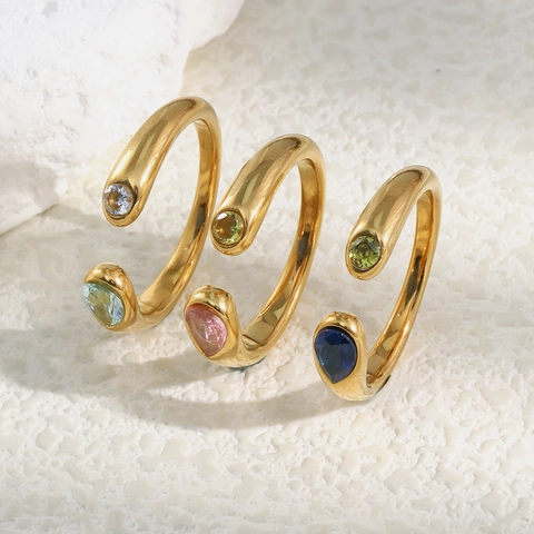 Mode Asymmetrische Slangenkop Open Ring Roestvrij Staal 18K Verguld Peer En Ronde Zirkon Eenvoudige Sieraden Voor Dames