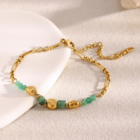 Vintage 18K Gold Plated Stainless Steel Bracelet With Natural Stone Beads Handmade Chain Adjustable Jewelry For Women