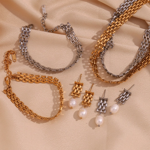 Mode Edelstahl Uhrenarmbandkette Halskette Armband Ohrringe Set Gold Silber Künstliche Perle Schmuck Für Damen