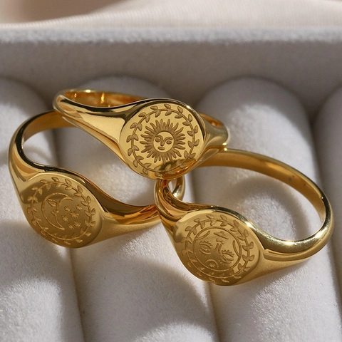 Anillo De Sello Acero Inoxidable Chapado En Oro De 18K Vintage Sol Luna Estrella Patrón Celestial Joyas Para Mujeres