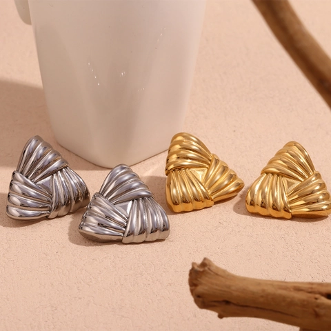 Boucles d'Oreilles Clous Triangulaires Ondulées en Acier Inoxydable Vintage Femme Plaqué Or Argent Bijoux Géométriques