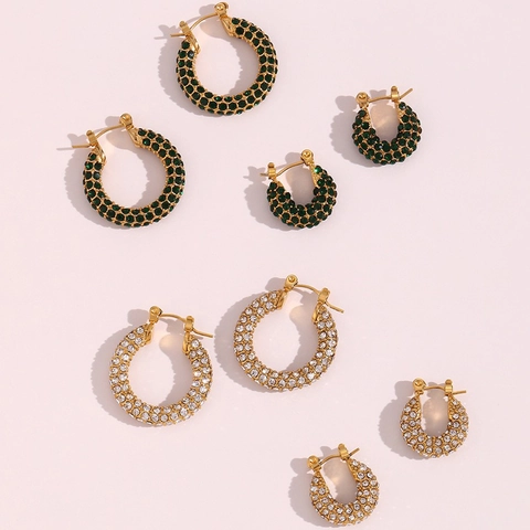 Fashion Stainless Steel Gold Plated U-Shaped Hoop Earrings For Women Luxury Full Rhinestone Inlaid Geometric Ear Jewelry Gift