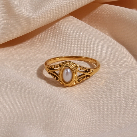 Vintage Stainless Steel Ring Gold Plated Freshwater Pearl Floral Filigree Open Ring Geometric Minimalist Jewelry For Women Everyday Gift