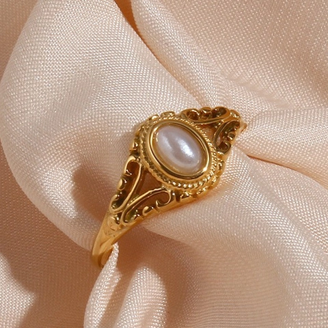 Vintage Edelstahl Vergoldeter Ring Für Damen Eleganter Künstlicher Perlen Blumenmuster Geometrischer Fingerring Mode Schmuck Geschenk